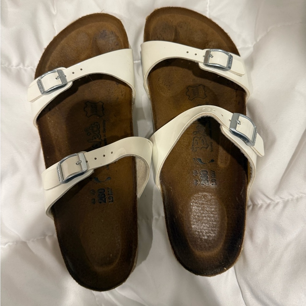 Birkenstock White Sandals with Silver Buckles